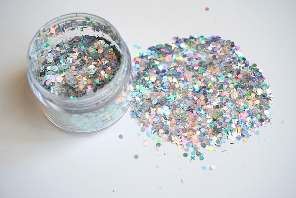 Silver Chic holographic chunky glitter mix with star and hexagon sequins