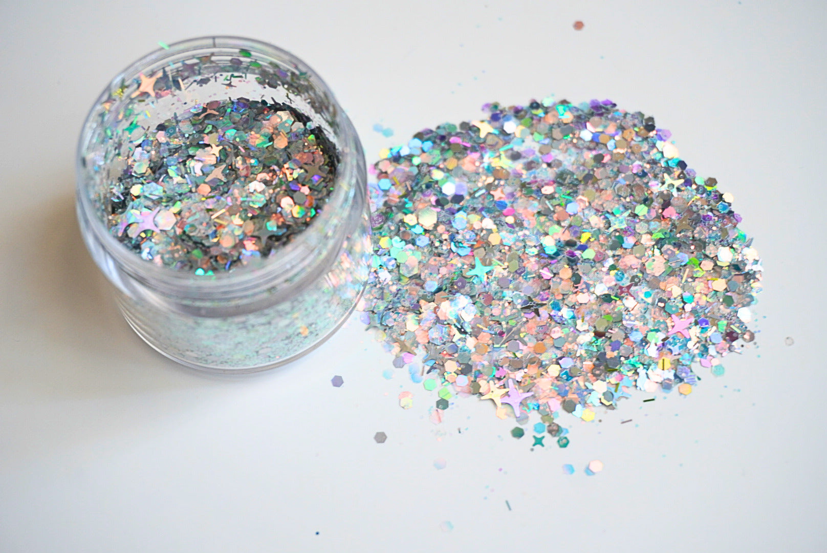 Silver Chic holographic chunky glitter mix with star and hexagon sequins