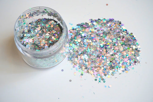 Silver Chic holographic chunky glitter mix with star and hexagon sequins